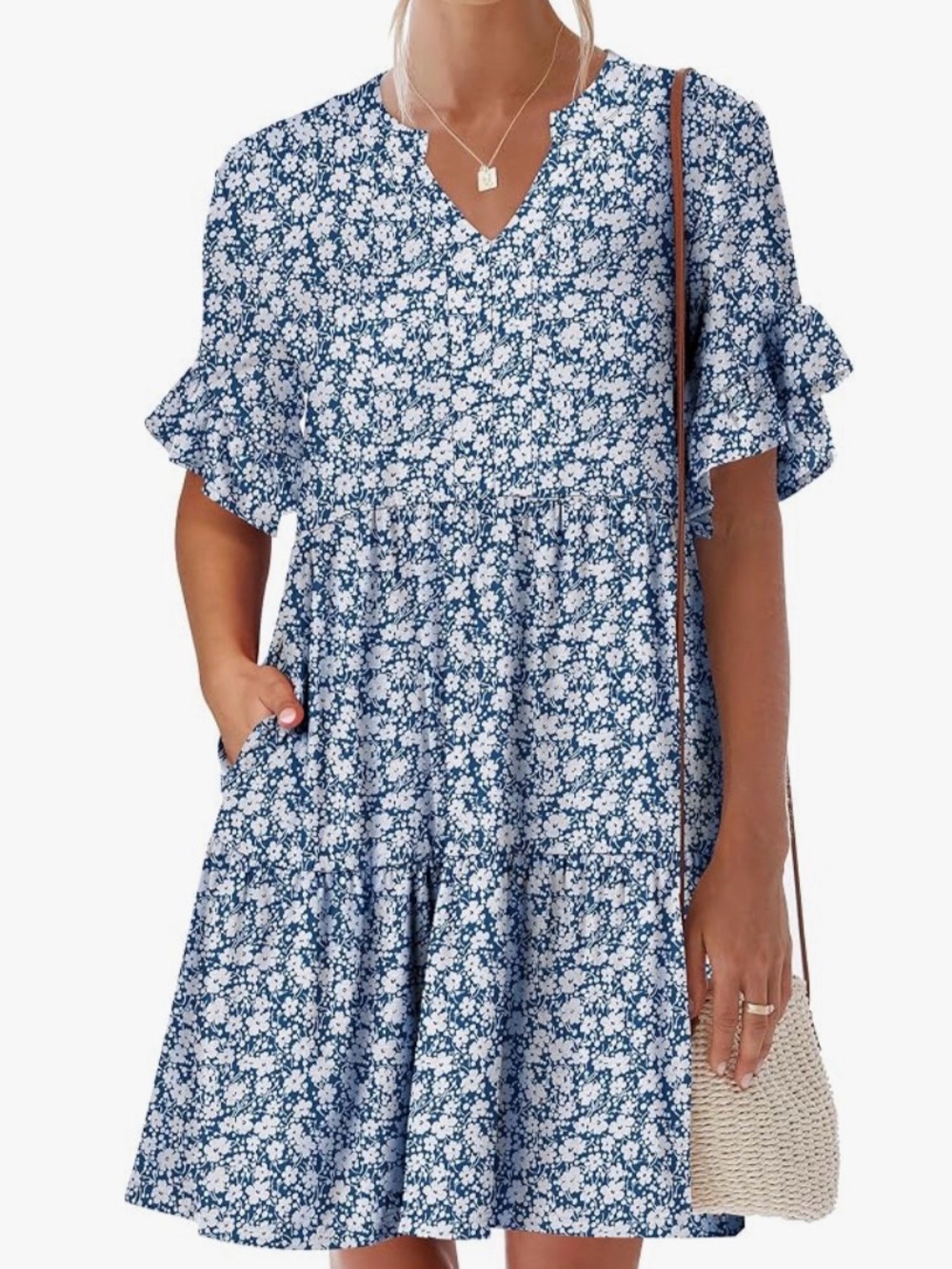 Amazon Blue and White Floral Tiered V-Neck Midi Dress
